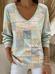 Women's Faith Patchwork Print V-Neck Ribbed Top