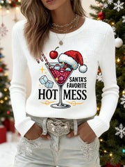 Women's Funny Christmas Santa's Favorite Hot Mess Casual Waffle Long Sleeve Top