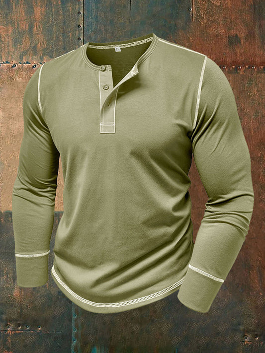 Men's Solid Color Casual Henley Collar Long-Sleev T-Shirt