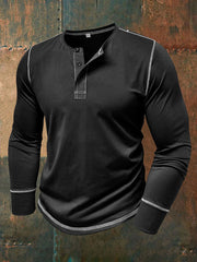 Men's Solid Color Casual Henley Collar Long-Sleev T-Shirt