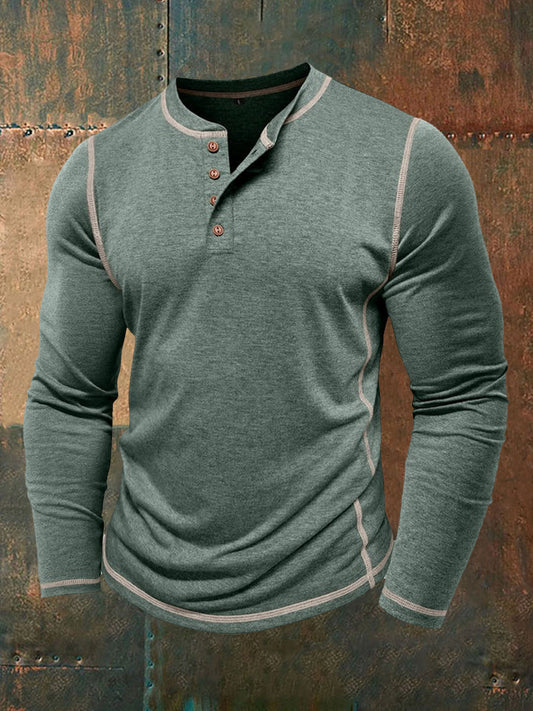 Men's Solid Color Casual Henley Collar Long-Sleeve T-Shirt