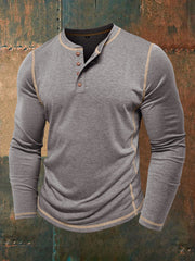 Men's Solid Color Casual Henley Collar Long-Sleeve T-Shirt