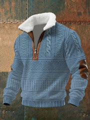Men's Retro Cable Pattern Print Fur Collar Zipper Sweatshirt