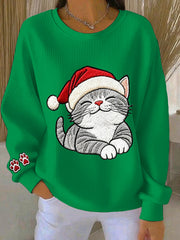 Women's Christmas Cute Cat Art Ribbed Round-Neck Sweatshirt
