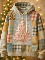 Women's Christmas Tree Patchwork Print Drawstring Hoodie