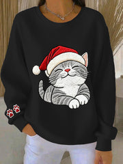 Women's Christmas Cute Cat Art Ribbed Round-Neck Sweatshirt