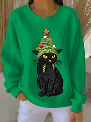 Women's Christmas Tree Cute Cat Art Ribbed Round-Neck Sweatshirt