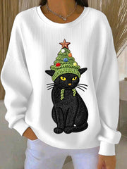 Women's Christmas Tree Cute Cat Art Ribbed Round-Neck Sweatshirt