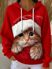 Women's Cute Christmas Cat Art Drawstring Hoodie
