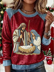Women's Nativity Patchwork Cowboy Crewneck Sweatshirt