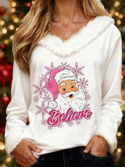 Women's Merry Christmas Christmas Santa Claus Print Casual Fur-Collar Top
