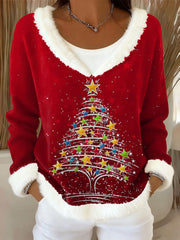 Women's Christmas Tree Art Casual Fur Collar Top