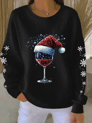 Women's Christmas Red Wine Glass Ribbed Round-Neck Sweatshirt