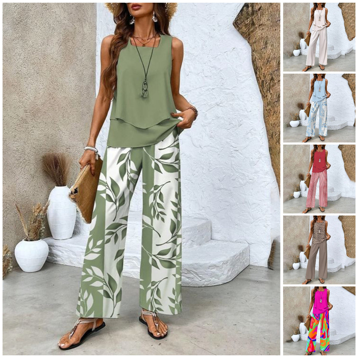 💖Last Day Hot Sale 50% OFF🌺Women’s Trendy Print 2 Piece Outfits Sleeveless Top & Pants