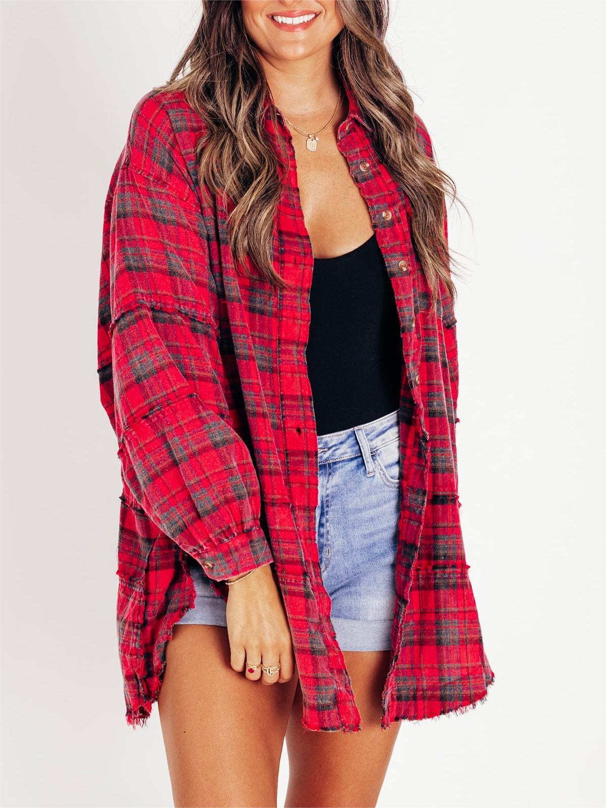 🔥LAST DAY SALE 49% OFF🔥Women's Mineral Washed Button Down Plaid Shirt