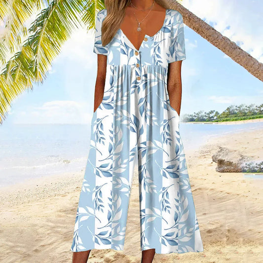 💥Last Day Special Sale 49% OFF💃Printed V-Neck Side Pocket Jumpsuit