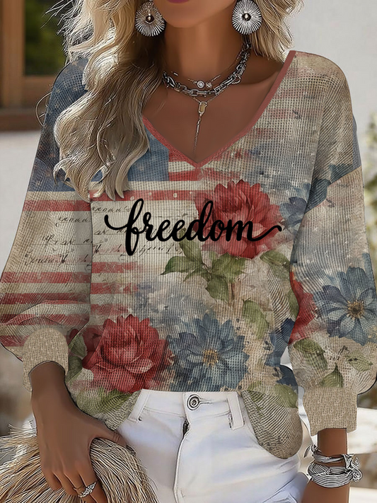 Women's Freedom Printed V-Neck Long Sleeve Shirt
