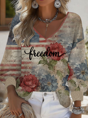 Women's Freedom Printed V-Neck Long Sleeve Shirt