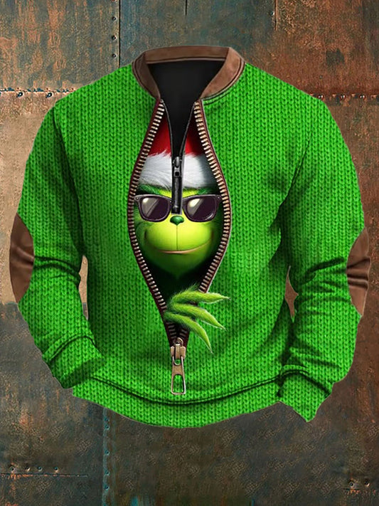 Men's Funny Classic Christmas Character Print Casual Zipper Collar Sweatshirt