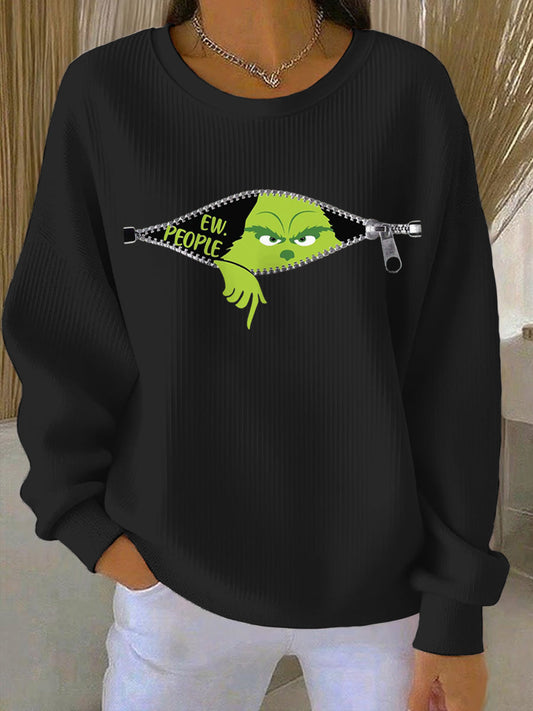 Women's Funny Christmas EW People Print Ribbed Round-Neck Sweatshirt