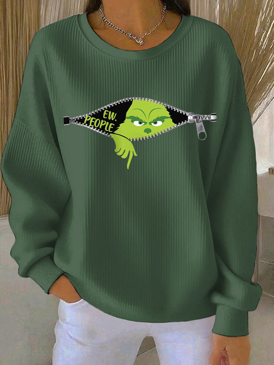Women's Funny Christmas EW People Print Ribbed Round-Neck Sweatshirt