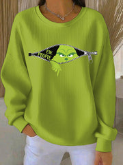 Women's Funny Christmas EW People Print Ribbed Round-Neck Sweatshirt