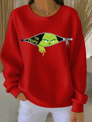 Women's Funny Christmas EW People Print Ribbed Round-Neck Sweatshirt