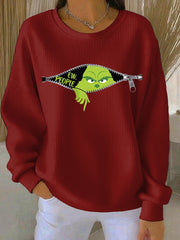 Women's Funny Christmas EW People Print Ribbed Round-Neck Sweatshirt