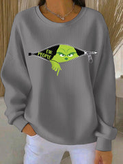 Women's Funny Christmas EW People Print Ribbed Round-Neck Sweatshirt