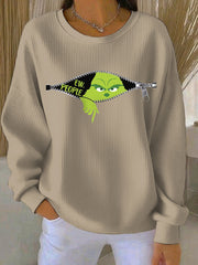 Women's Funny Christmas EW People Print Ribbed Round-Neck Sweatshirt