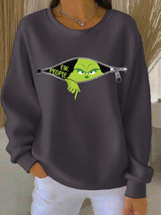 Women's Funny Christmas EW People Print Ribbed Round-Neck Sweatshirt