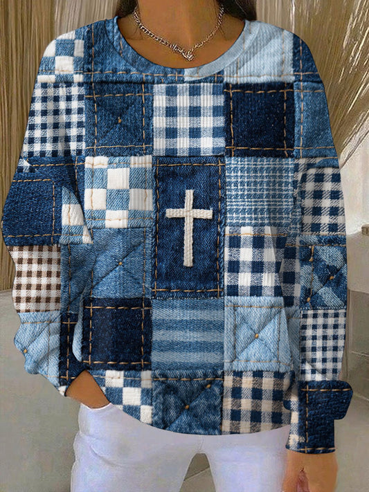 Women's Patchwork of Faith Printed Ribbed Round-Neck Sweatshirt
