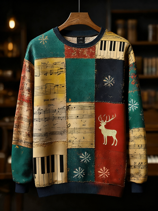 Men's Retro Casual Musical Note Christmas Party Art Sweatshirt