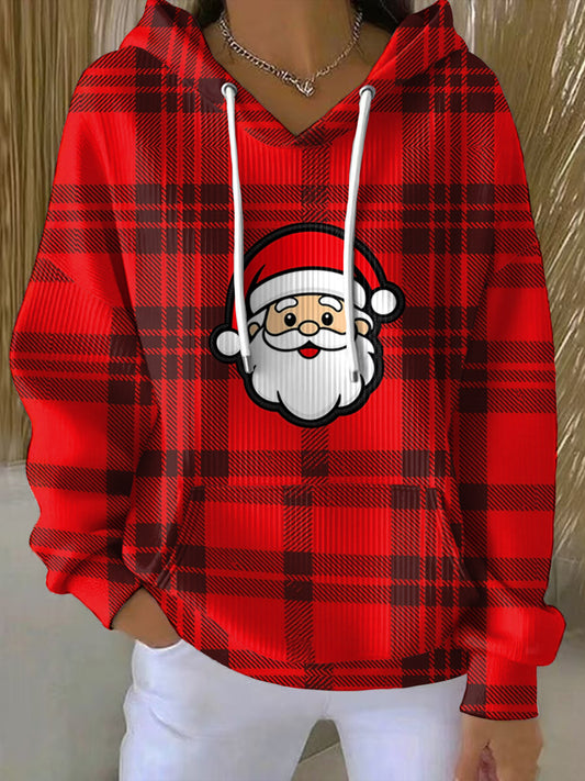 Women‘s Christmas Red Plaid Santa Claus Print Casual Hoodie