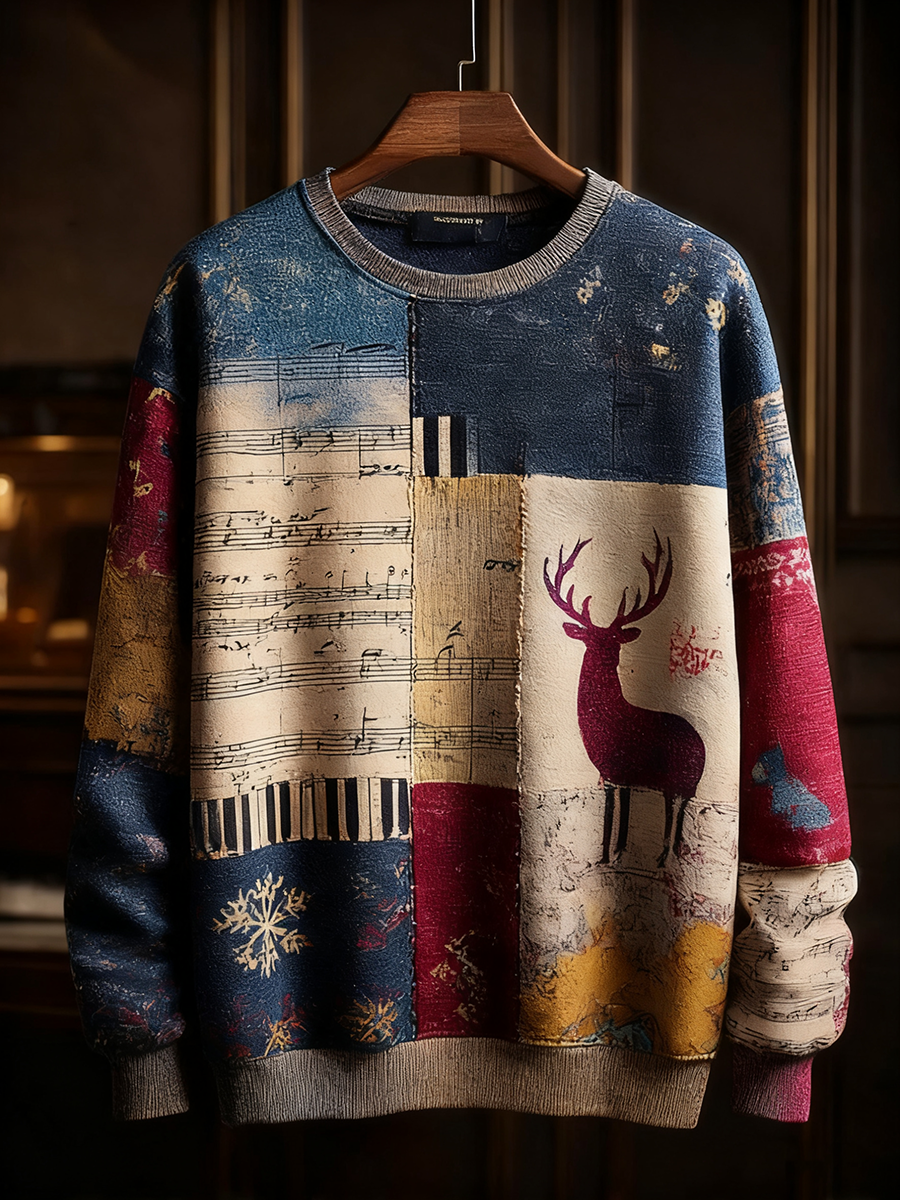Men's Retro Casual Musical Note Christmas Party Art Sweatshirt