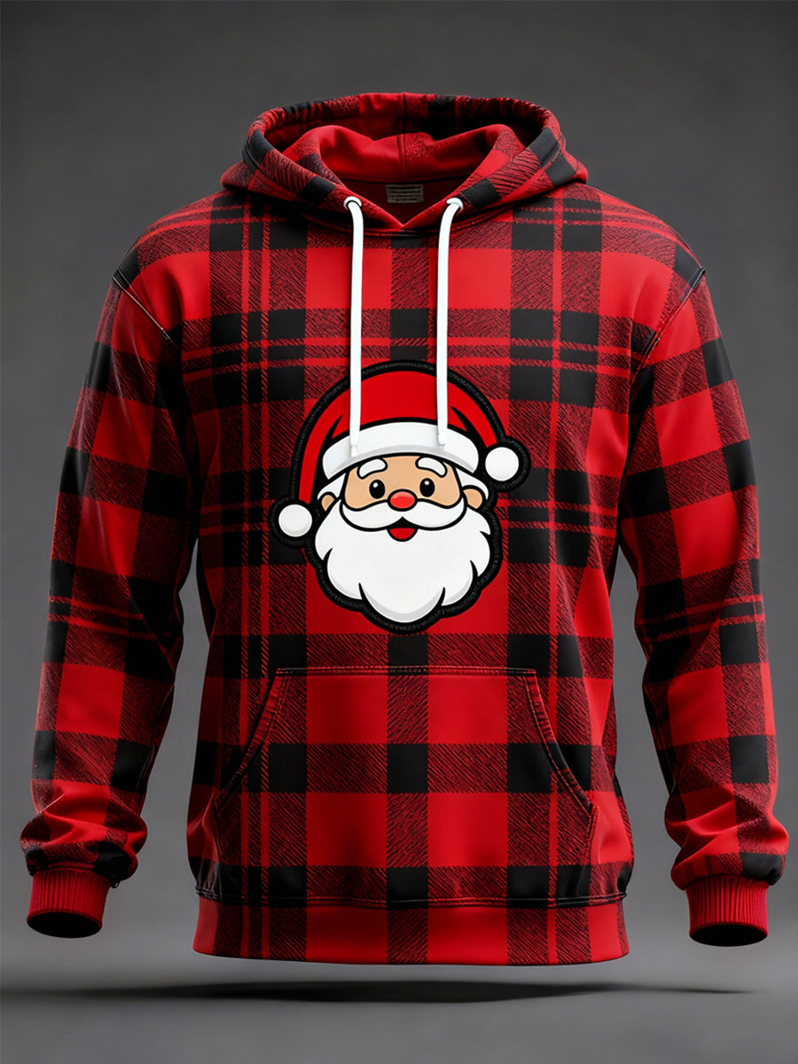 Men's Christmas Red Plaid Santa Claus Print Hoodie