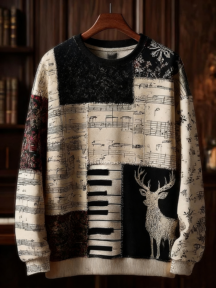 Men's Retro Casual Musical Note Christmas Party Art Sweatshirt