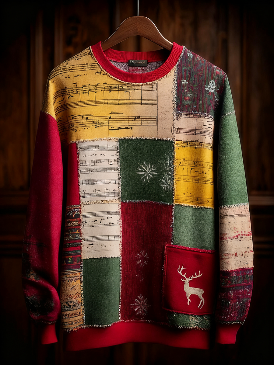 Men's Retro Casual Musical Note Christmas Party Art Sweatshirt
