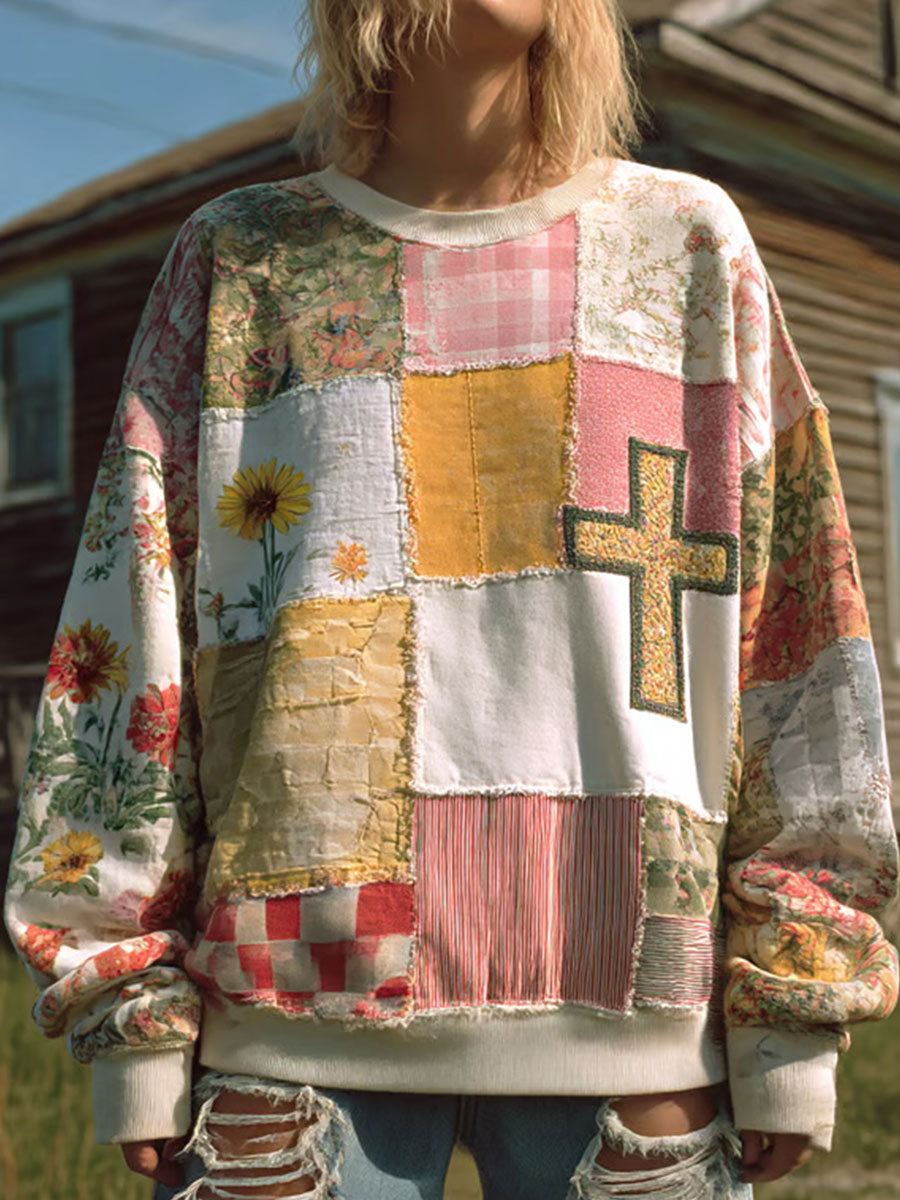 Women's Floral Cross Print Casual Hoodie