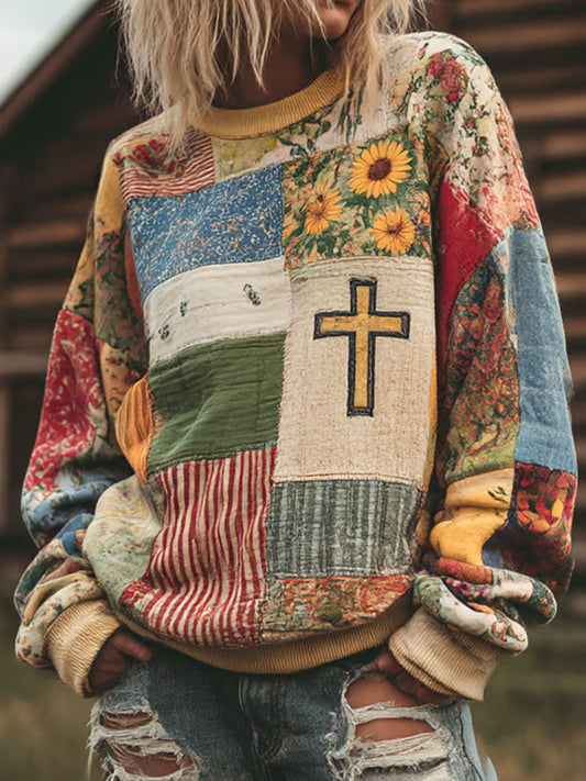 Women's Floral Cross Print Casual Hoodie