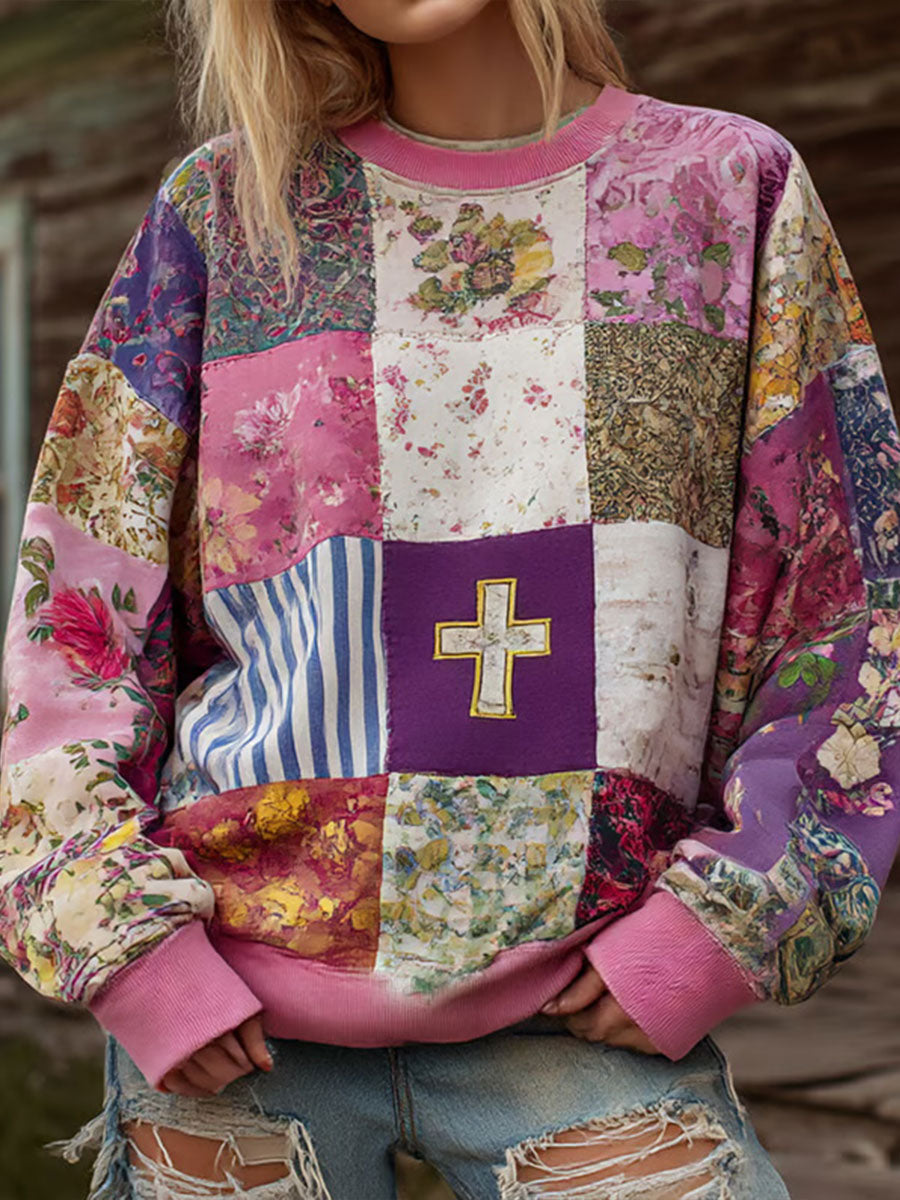 Women's Floral Cross Print Casual Hoodie