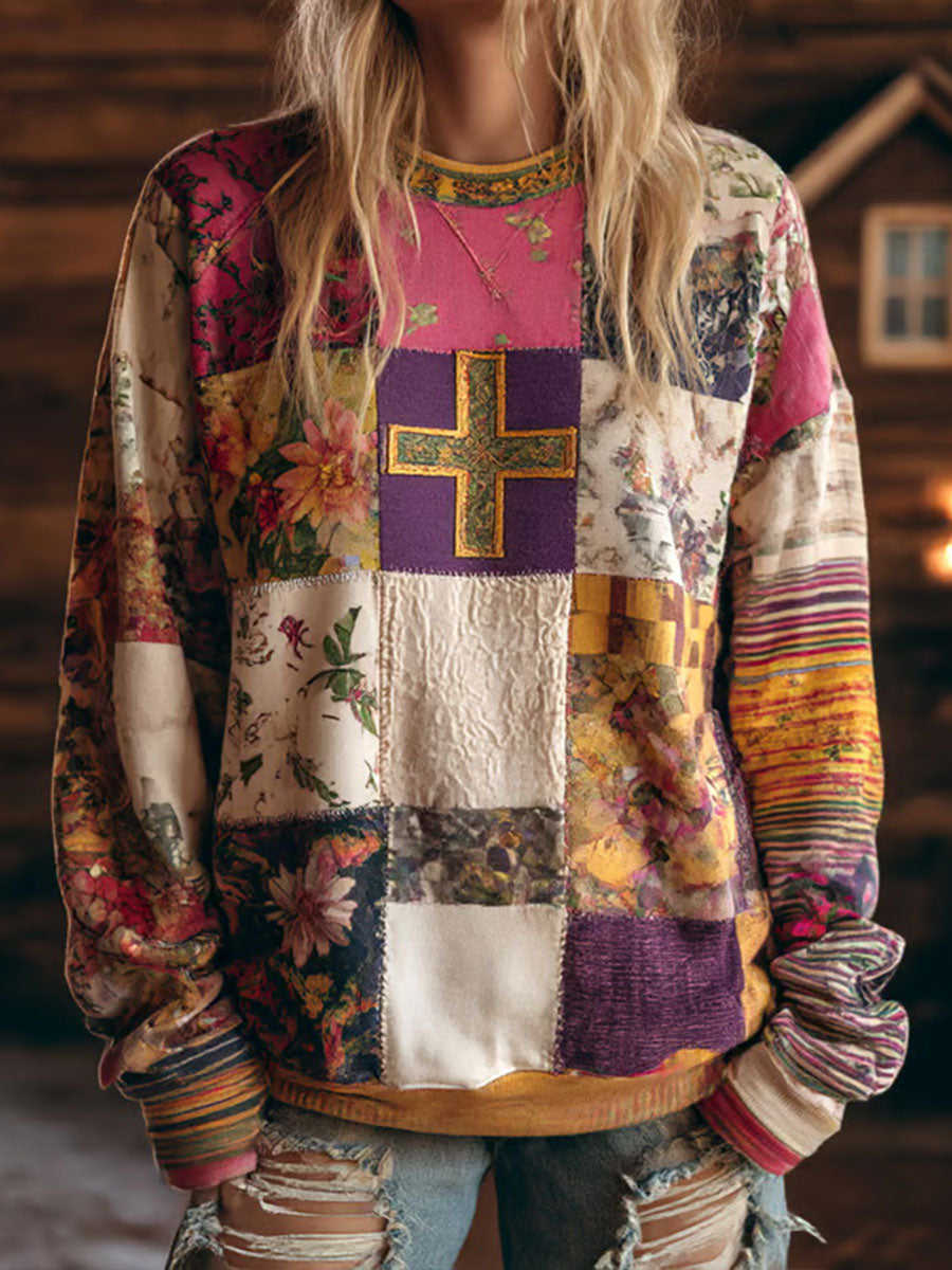 Women's Floral Cross Print Casual Sweatshirt