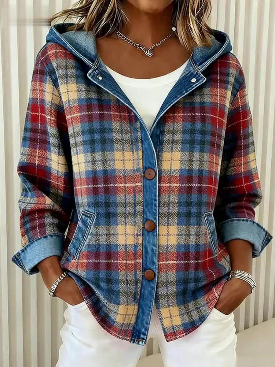 Women's Vintage Plaid Pattern Patchwork Art Hooded Cardigan