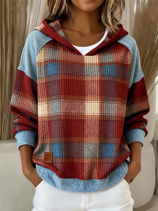 Women's Vintage Plaid Pattern Patchwork Art Hoodie
