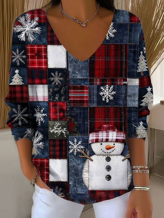 Women's Christmas snowman V-Neck Ribbed Top