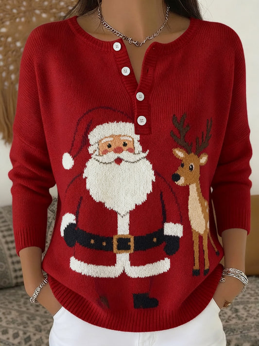 Women's Christmas Santa Claus And Reindeer Print Casual Buttons Long Sleeve Top