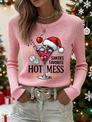 Women's Funny Christmas Santa's Favorite Hot Mess Casual Waffle Long Sleeve Top