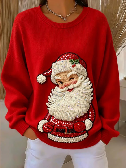 Women's Christmas Santa Claus Art Ribbed Round-Neck Sweatshirt