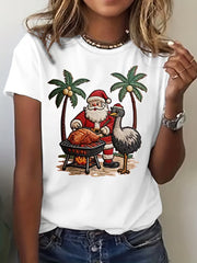 Women's Vintage Tropical Santa Claus Print Tee