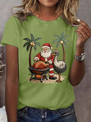 Women's Vintage Tropical Santa Claus Print Tee